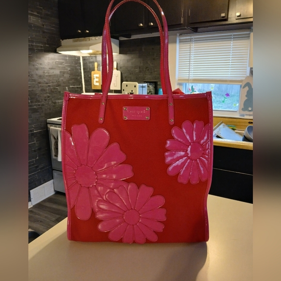 Kate Spade Canvas Patent Floral Tote Red Pink RARE EUC - Picture 9 of 16